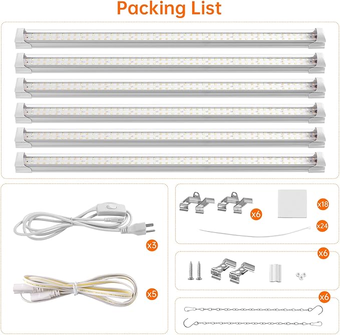 Bstrip Grow Light 2FT 144W (6 x 24W) Plant Light Full Spectrum with 660nm Red LEDs 3686K T8 Grow Lights for Indoor Plants Greenhouse Seeding Linkable Design with On/Off Switch 6-Pack