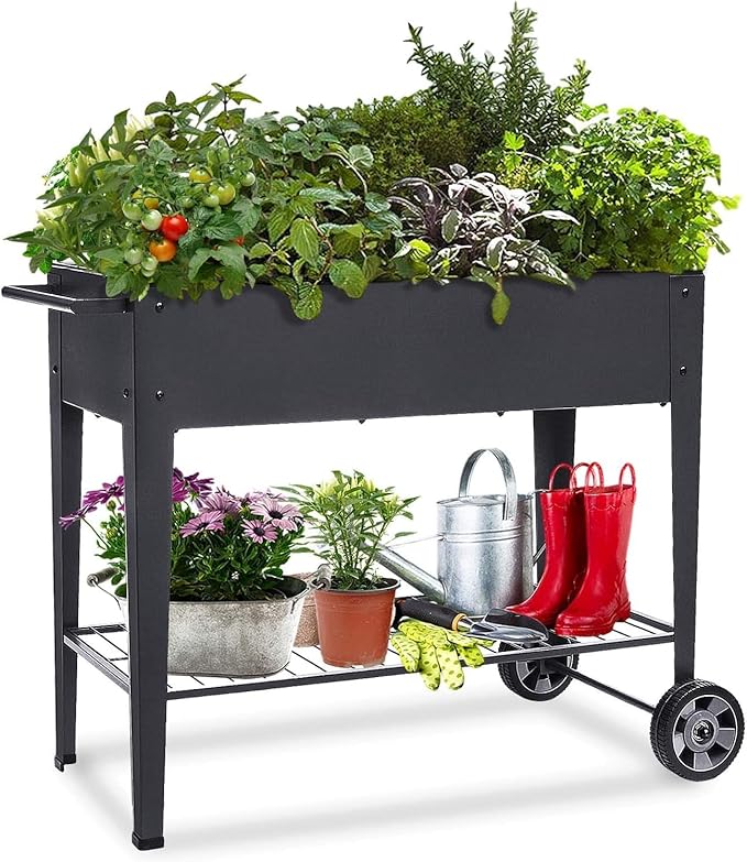 31.5 Tall Raised Garden Bed with Wheels Extra 15.7 W Planter Box (400 lbs Loads) with Storage Shelf &amp HandleHeavy Duty Metal Garden Planter for Vegetables Herbs &amp Flowers Patio &amp Bal