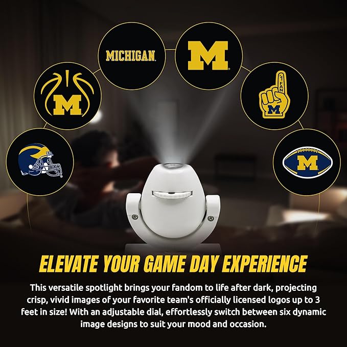 Sporticulture NCAA American Football Michigan - Adjustable Led Mini Spotlight Projector with 6 Team Logo Designs - Portable &amp Rechargeable Spotlight - Battery-Operated - 4.375” x 3.125”
