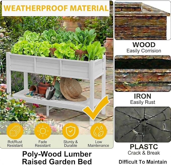 DWVO 48x18x30in Raised Garden Bed HDPE Poly Wood Planter Box StandWeather-Resistant Planter Box with Legs &amp Storage Shelf Elevated Garden Bed for Backyard Patio Balcony White