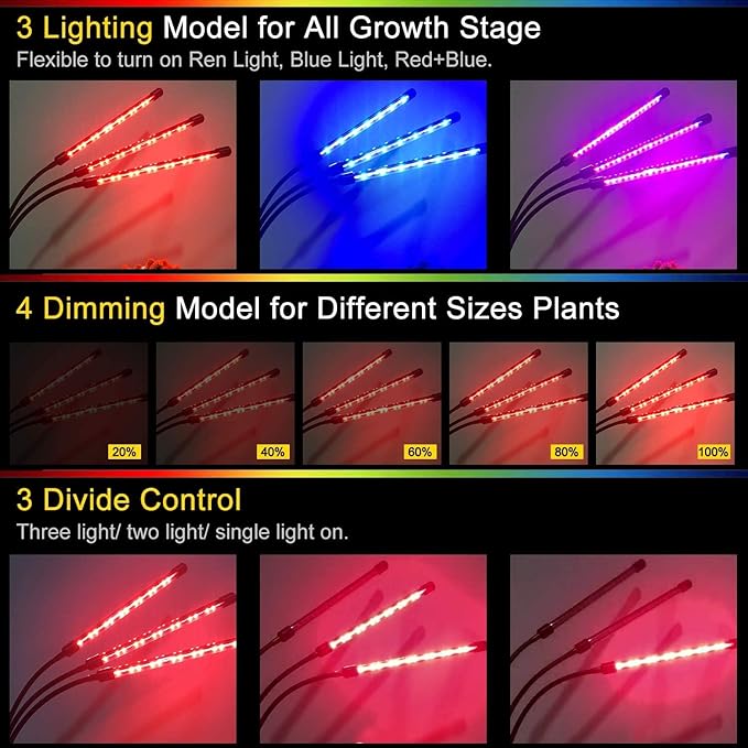 Grow Light Grow Lights for Indoor Plants - BaoChen 30W Plant Light with Auto Turn On Function 60 LED 3/6/12H Timer 5 Dimmable Modes 3 Spectral Modes 3 Divide Control Grow Lamp [Upgraded Switch]