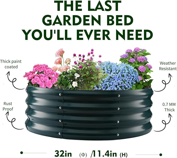 Galvanized Raised Garden Beds for Gardening - 2.7x2.7x1ft Round Metal Planter Boxes Above Ground Outdoor for VegetablesFlowersHerbs Garden Container Green