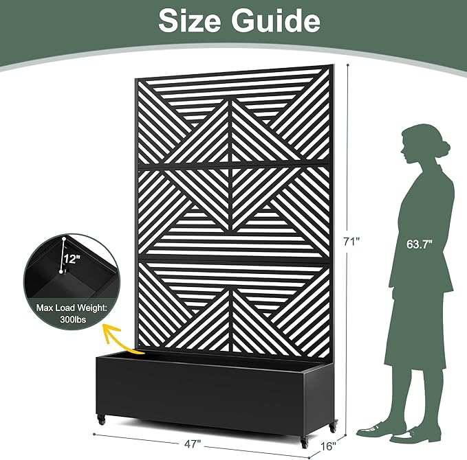 Standing Metal Planter Box with Trellis and Wheels for Climbing Plants Raised Garden Beds with Drainage Holes 47 L×16 W×71 H Privacy Boxes with Trellis (Black Zodiac)