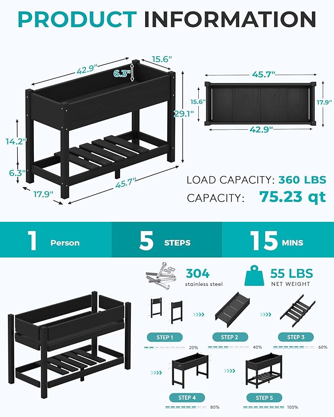 SERWALL Raised Garden Bed with Legs Set of 2 43×17×30 Large HDPE Elevated Planter Box for Vegetables Flower Herb Patio All Weather Use-Black