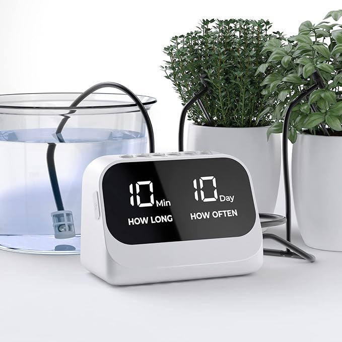 Automatic Watering System for Potted Plants Plant Waterer DIY Drip Irrigation Kit with Smart Timer Waterproof LED Display &amp Large Capacity Battery Precise Distribution of Water (White)