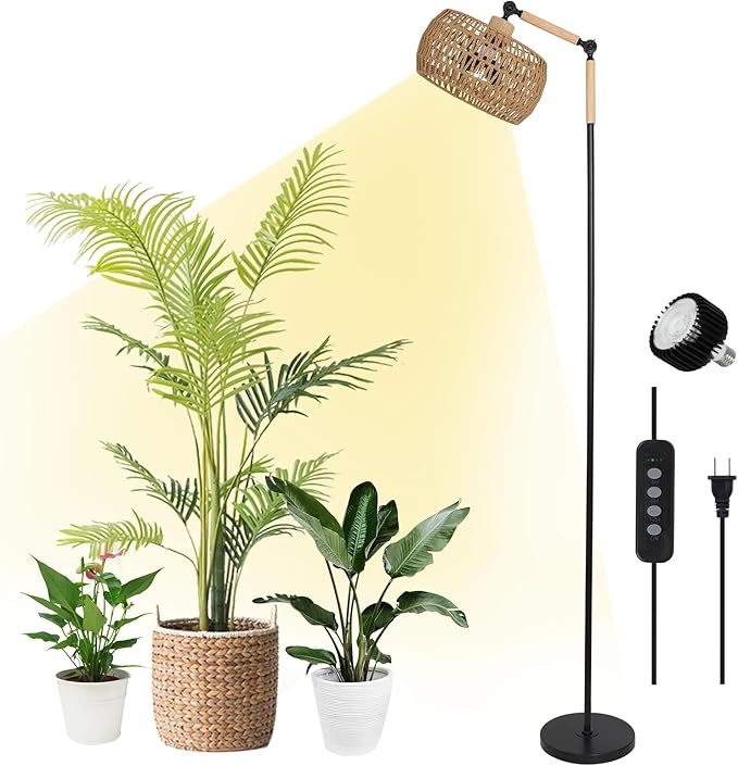 HMVPL Grow Lights for Indoor Plants Full Spectrum Plant Lights for Indoor Growing with 20W COB Grow Blub Rattan Shade Timer Standing Tall Grow Lamp for Middle Large Plants(75'' Height Adjustable)