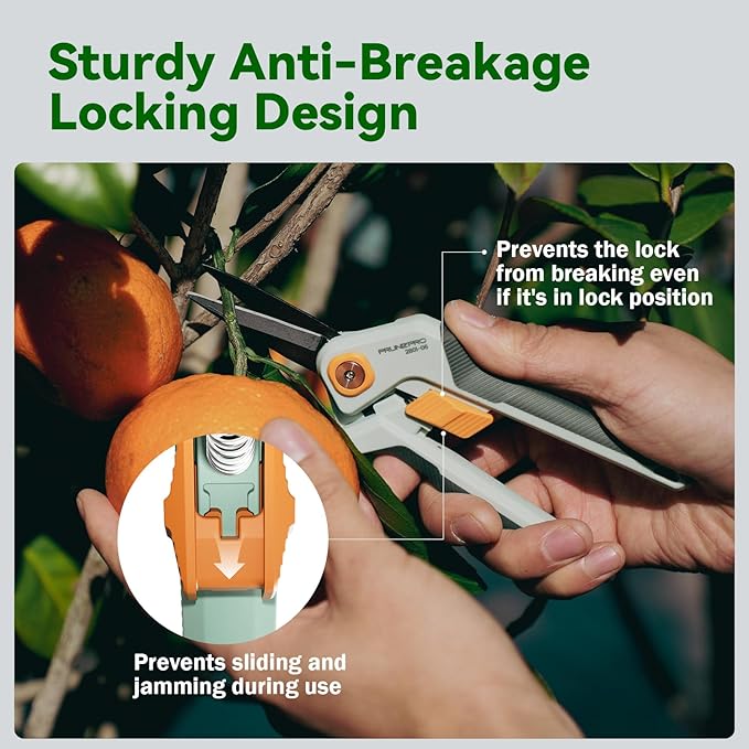 PrunePro Garden Scissors Pruning Shears Sharp Stainless Steel Non-Stick Teflon Coating Blade for Precise Cuts Garden Snip Bonsai Clippers for Plants Rose Flower Green &amp Orange