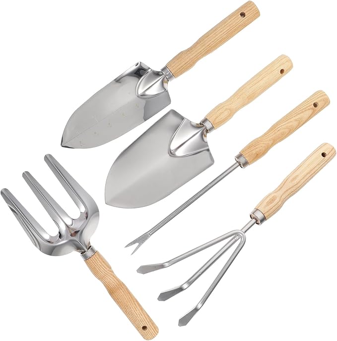5pcs Garden Tool Set Wooden Handles Stainless Steel Digging Shovel Weeding Shovel and Portable Rake for Outdoor Planting and Home Gardening