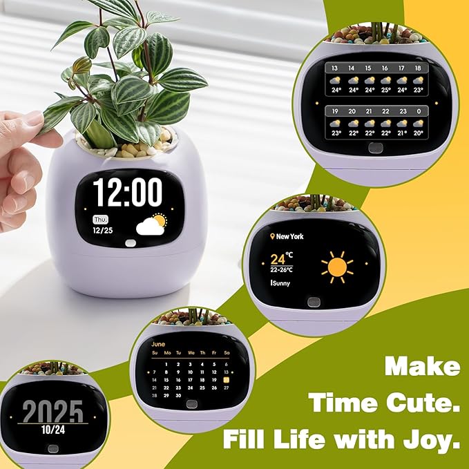 Smart Planter with App Control Self-Watering AI Plant Pot with LCD Display Interactive Desk Plant Companion for 100+ Plants Smart Indoor Planter with Pomodoro Timer80ml ReservoirCalendar-Purple