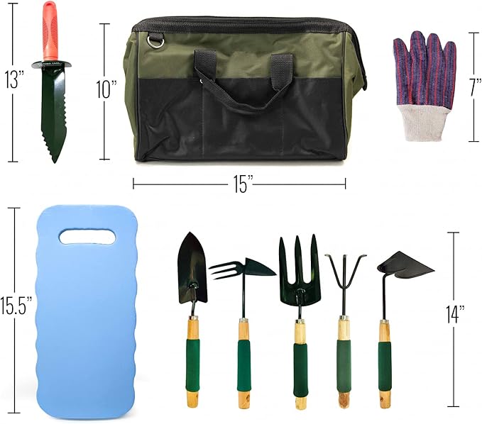 Complete 9pc Home Garden Tools Set for Mom with Fork Hoe Rake Shovel Spade Digger and Gloves