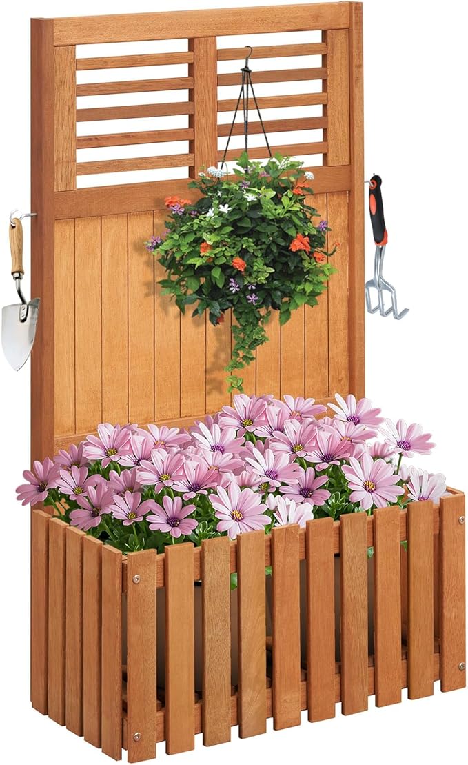 Giantex Raised Garden Bed with Trellis 41” Wooden Potted Plant Box w/Privacy Screen Trellis for Plant Flower Climbing Pot Hanging Indoor &amp Outdoor Planter Box for Yard Garden Balcony