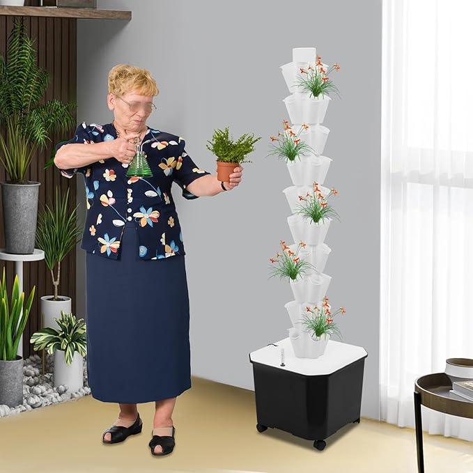 Hydroponic Growing System Kit with Wheels 10 Layer 50 Pods Indoor Hydroponic Tower with Timer and Pump System Plants Germination Kit for Herbs Vegetable Strawberries Lettuce