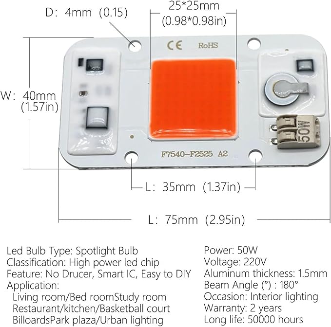 Welding Free Grow Light AC220V 50W COB LED Grow Light Chip Full Spectrum 380nm-840nm Compatible with Indoor Plant Seedling Grow Flower Tent