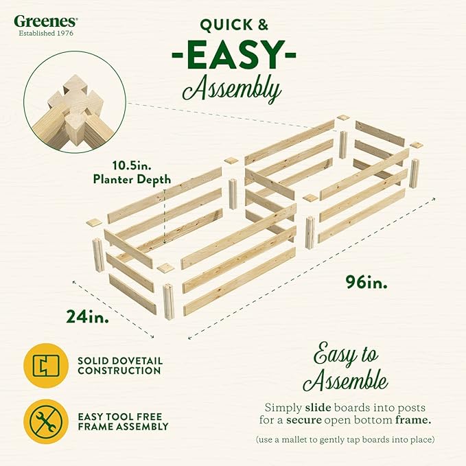 Greenes Fence Original Pine Raised Garden Bed 2' x 8' x 10.5 - Made in USA with American Pine