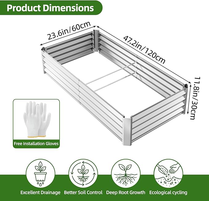 TOMNK Land Garden Galvanized Raised Garden Bed Kit Galvanized Planter Garden Boxes Outdoor Large Metal Raised Garden Beds for Vegetables4 * 2 * 1FT Silvery