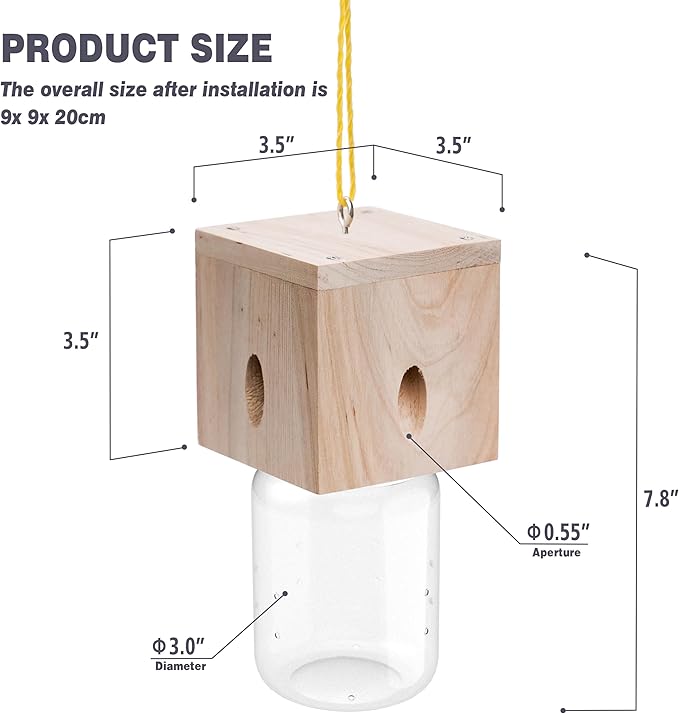 2 PCS Wood Carpenter Bee Trap for Outside - Best Bee Trap - Cube Style Nature Hanging Carpenter Bee Traps Plastic Jar Outdoor - Insect Traps