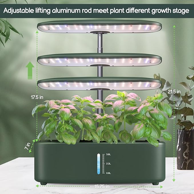 Hydroponics Growing System Kit - 12 Pods Indoor Herb Garden with LED Grow Light Auto Timer Adjustable Height up to 17 - Ideal for Home Birthday &amp Mother's Day Gifts for Women (Dark Green)
