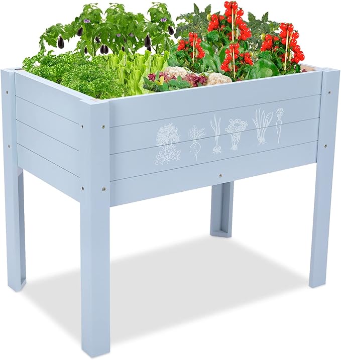 Kids Raised Garden Bed with DIY Chalkboard 30 x 24 x 18 Inch Wooden Elevated Raised Garden Bed for Kids Outdoor Planter Box with Legs for Vegetables Grass Lawn Yard Light Blue