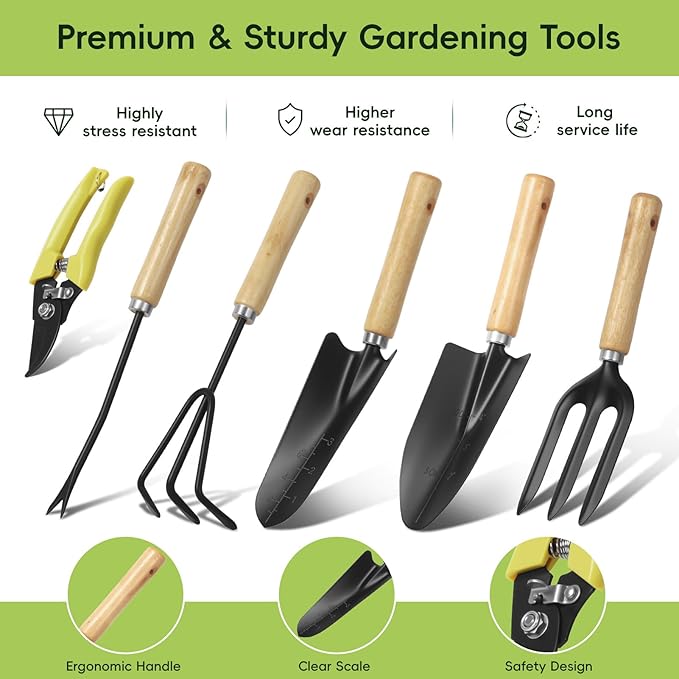 9-Piece Gardening Tool Set Heavy Duty Garden Tool Set with Wood Handle Premium &amp Durable Hand Tools Gardening Kit with Stylish Handbag Gardening Gifts for Women