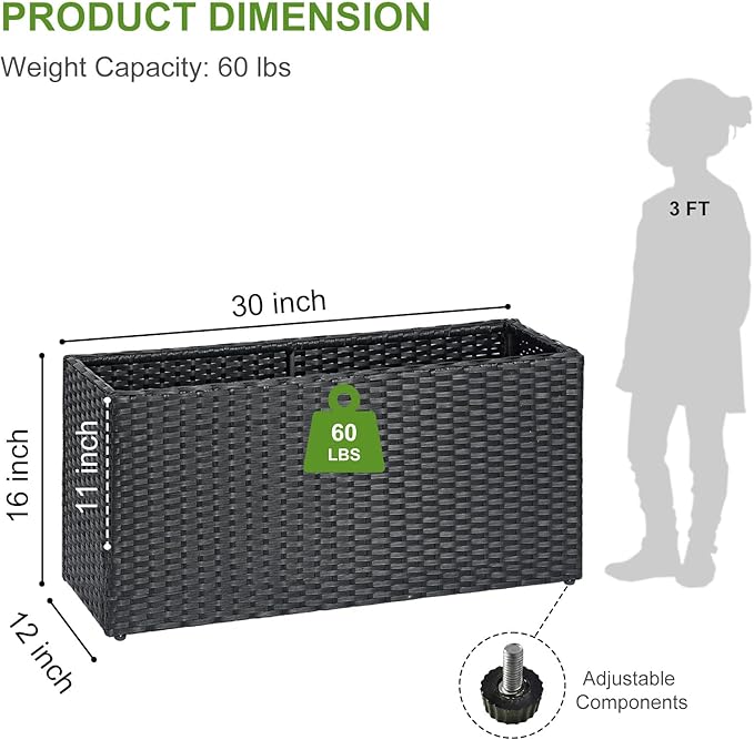 LEWIS&ampWAYNE Large Rectangular Block Planter Box Handmade Wicker Tall Planters for Outdoor Plants with Removable Liners Modern Planter for Indoor Outdoor Patio Deck - Black 30''x12''x16''