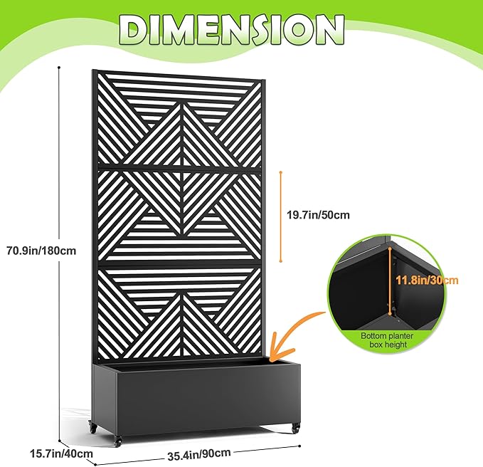 15.7×70.9×35.4 Metal Raised Garden Bed with Trellis and Wheels - Tall Trellis Planter Box for Climbing Plants Vegetables &amp Vines - Outdoor Privacy Planters for Patio (Black-Zodiac)