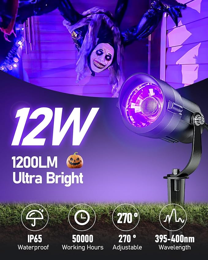 HIBOITEC Halloween Black Light Spotlight Outdoor 12W IP65 Waterproof LED Spot Lights Landscape Lighting with US Plug for Glow Party Body Paint Yard Garden Decorations 4Packs
