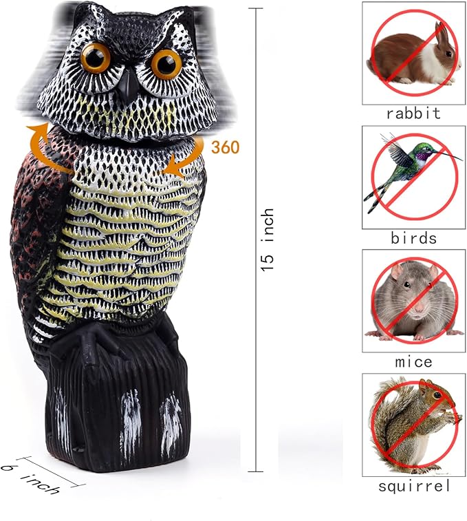 Hedoc Fake Owl Decoys to Scare Birds Away Rotating Head Sculptures Nature Enemy Scarecrow Plastic Statues Pest Repellent Bird Control and Pigeon Deterrent Outdoor Yard Garden Protectors