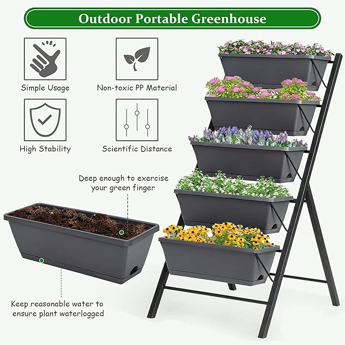 GRAFFY Vertical Raised Garden Bed 5 Tier Elevated Flower Planter Raised Beds with Water Drainage Vertical Garden Planter Freestanding Raised 5 Container Boxes for Balcony Patio Backyard