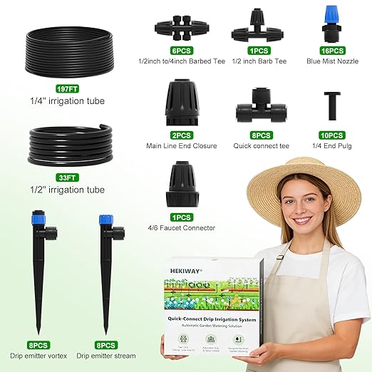 2026 Upgrade 230FT Quick-Connect Drip Irrigation System Kit with 1/4” &amp 1/2” Fast-Lock Tubing Adjustable Emitters &amp Sprinklers for Garden &amp Greenhouse