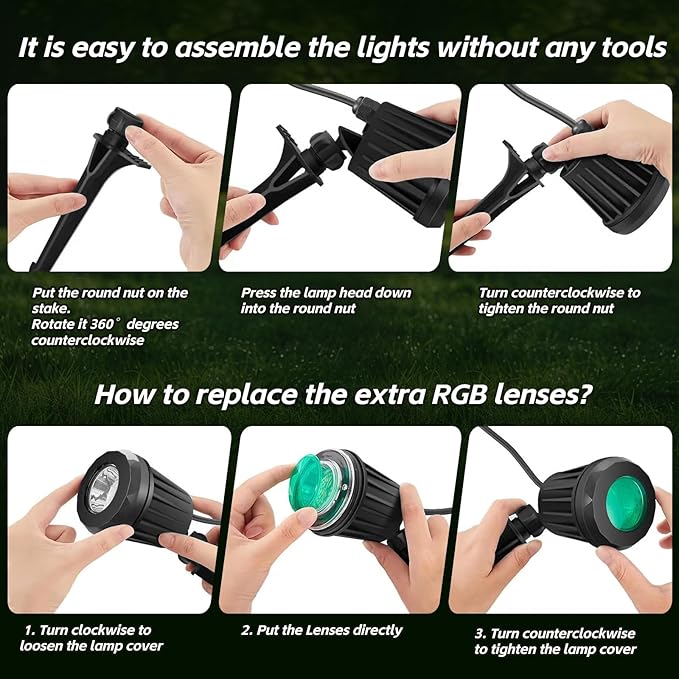 Spotlight Outdoor – 120V Plug-in 2700K Warm White LED Landscape Spot Lights with RGB 3 Lenses for Yard Garden Lawn&ampTree Decor IP67 Waterproof Perfect for Holidays&ampEveryday (2 Pack Black)
