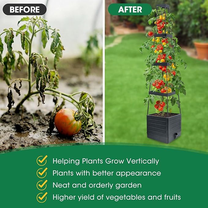 MQFORU 4Pack Raised Garden Bed Planter Boxes with Trellis 57 Self-Watering Tomato Planter Boxes with Trellis for Climbing Vegetable and Plants Tomato Cage for Indoor Outdoor Use