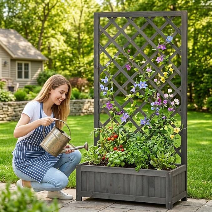 Wooden Raised Garden Bed with Trellis 47 Outdoor Planter Box for Climbing Plants Vertical Modern Gray Garden Planter for Vegetables Flowers &amp Vines Lattice Plant Support for Patio Yard Balcon