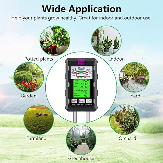 6-in-1 Soil Moisture Meter Hygrometer for Plants with Soil Moisture PH Meter Temperature Sunlight Fertility Environmental for Farming Gardening (2*AAA Battery Needed)