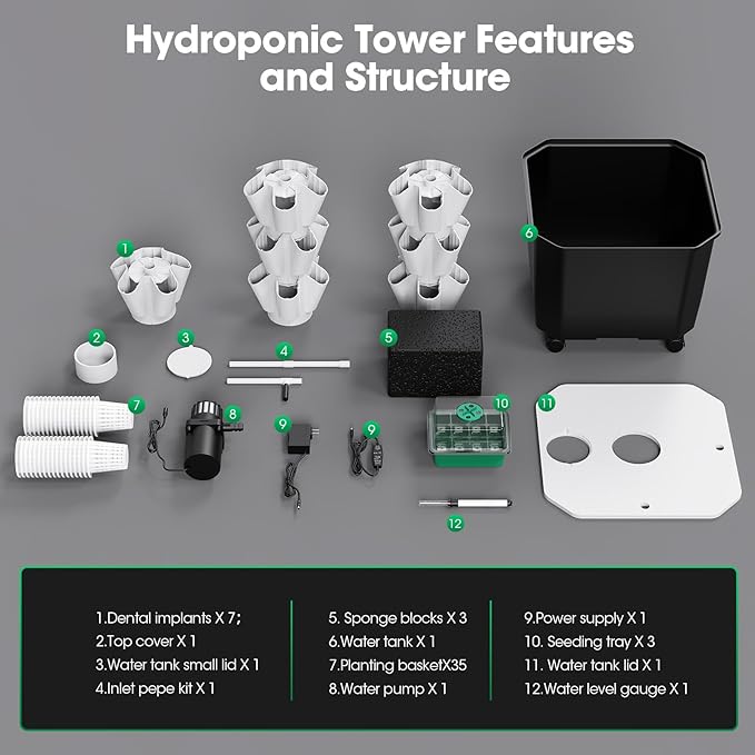 Vertical Hydroponic Tower Garden35 Pods 7-Layer Indoor Outdoor Growing System with Smart Timer3 Seed Starter Tray.Water Pump-BPA-Free Modular for Hydroponic Gardening Lovers Planting Vegetables