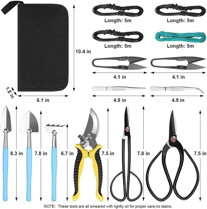 15Pcs Garden Tools Set Succulent Gardening Trimming Kits High Steel Bonsai Tools Set Includes Gardening Bag Hand Rake Shovels Scissors Pruning Shears Wire Gardening Gifts