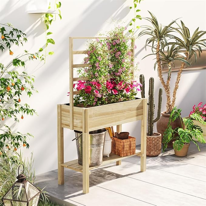Raised Garden Planter Outdoor Garden Raised Bed Vegetable Flower Planter Raised Stand for Garden Grow Your Own Herb GardenRaised Garden Bed Outdoor Planter Box &amp Plant Stand with Climbing Rack