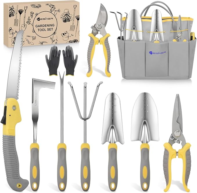 Yesker Gardening Tools 10-Piece Heavy Duty Garden Tool Set Gardening Supplies Gifts for Women Men Gardening Hand Tool Kit w Non-Slip Ergonomic Handle Garden Bag Durable Gloves Pruning Shears Gray