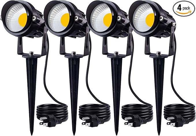 SUNVIE 120V Spot Lights Outdoor LED Landscape Lighting 12W AC Spotlights for Yard Waterproof Landscape Spotlight with Spiked Stake for Tree Garden Pathway Warm White Flag Lights US 3-Plug in 4 Pack