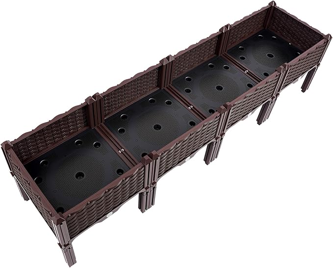 4-Pack Raised Garden Beds 15.35 Elevated Planter Boxes for Vegetables Herbs &amp Flowers Sturdy PP Outdoor/Indoor Planters with Drainage Holes Easy Assembly (Brown 61.4x15)