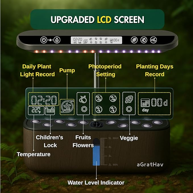 Hydroponics Growing System Kit Indoor Herb Garden 14 Pods Upgraded LCD Display LED Grow Light Quiet Smart Water Pump Automatic Timer Hydroponic Planter for Home Kitchen Office (Black)