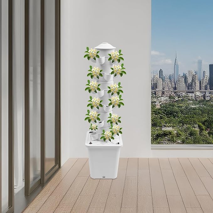 Hydroponic Growing System 30-Plant Vegetable Planter Tower Outdoor Indoor Garden Vertical Planter Germination Kit with Water Pump &amp Intelligent Water Circulation for Gardening Lover
