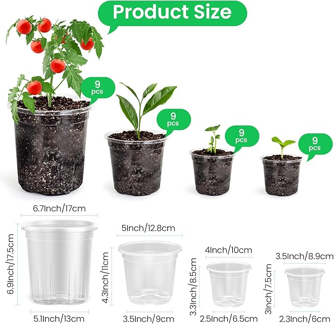 36 Packs 7/5/4/3.5 Inch Reinforced Clear Nursery Pots with Drainage Hole Transparent Variety Pack Plastic Plant Pot Seedling Planter for Vegetable Propagation Root Cutting Seed Starting