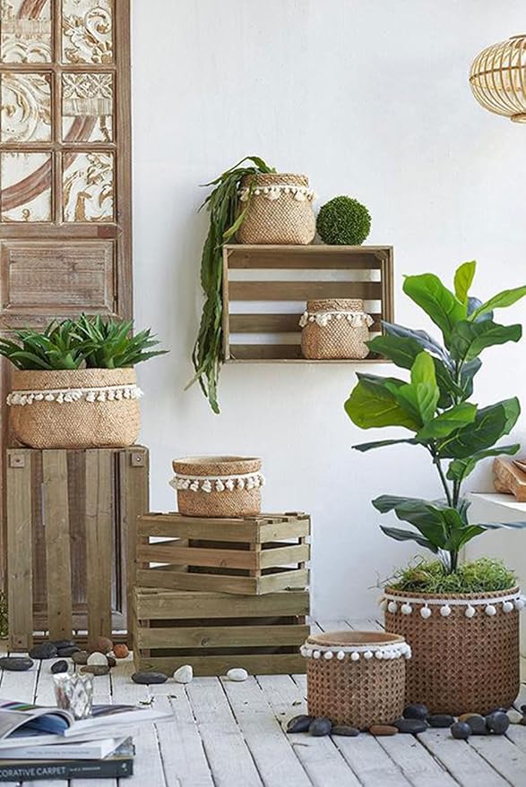 Set of 2 6.5x6.5x6 Brown Cement Planter with Woven Tassel Accent