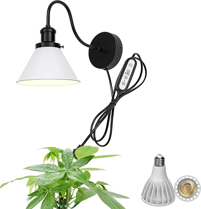 Hook Type Wall Mounted Plant Light Full Spectrum White Light 6000K 25W Bulb Vintage White Metal Gooseneck Plug in Cord Timing Wall Lamp for Indoor Growing Plants