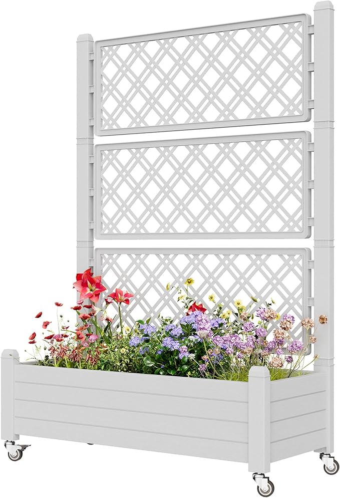 Resin Raised Garden Bed with Trellis and Wheels Planter Box with Trellis Outdoor Raised Planter with Trellis with Drainage Holes &amp Water Monitor for Climbing Plants Vegetables Flower White