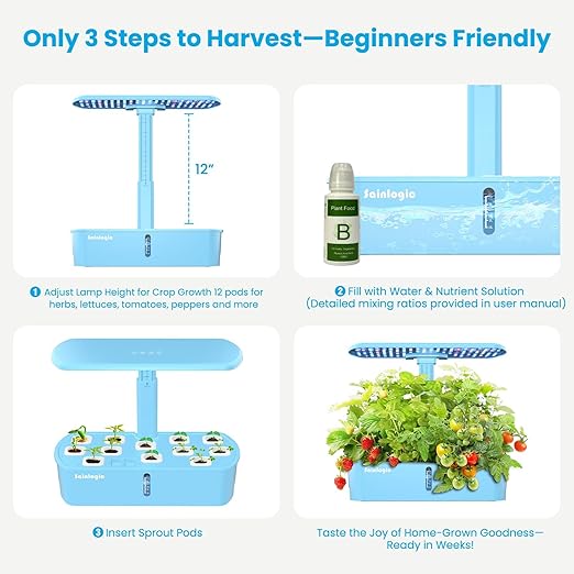 Sainlogic Hydroponics Growing System Kit 12 Pods Watering Planter Smart Indoor Garden with APP &amp WiFi Connected 5 X Growth with 24W LED Quiet Pump for Vegetables Herbs and Flowers