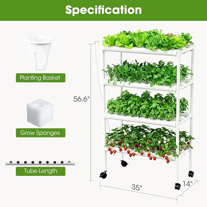 Hydroponics Growing System Kit with Wheels 108 Plant Sites Gardening Aquaponics Tower 4-Tier Food-Grade PVC-U Pipes Water Pump Timer for Leafy Vegetables Indoor Outdoor (34x62x15 in 108 Holes)