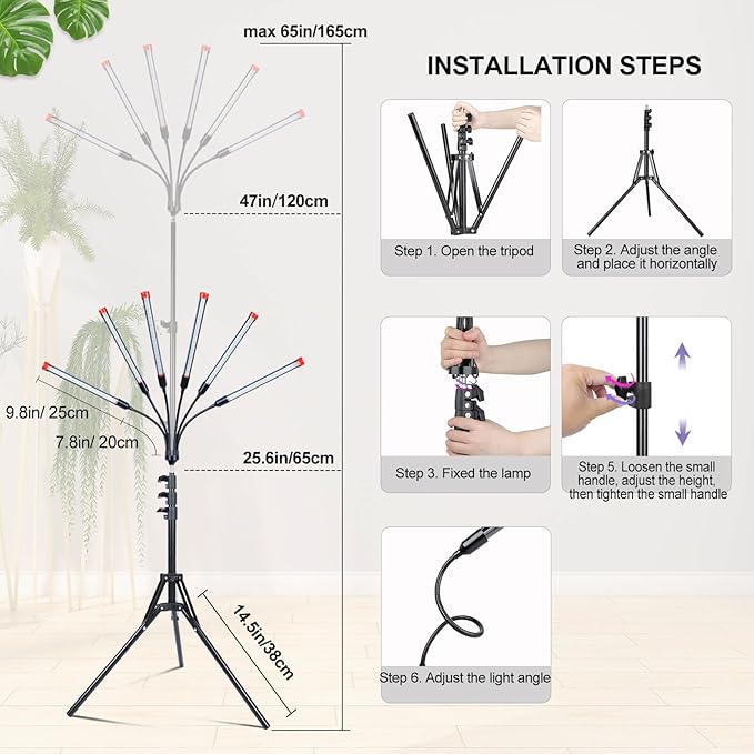 54 Watt Grow Lights for Indoor Plants with Stand Standing Tall Plant Light 48121620H Timer Full Spectrum Bonsai Tree Grow Light 24-64 Adjustable Tripod Stand Plant Growing Lamps