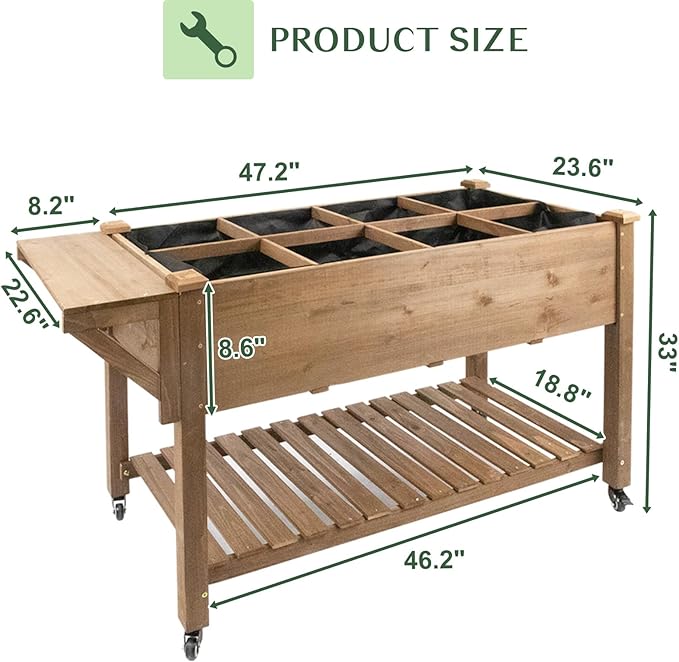Raised Garden Bed Outdoor with Lockable Wheels 55x 24 x 33 Elevated Wood Planter Box for Backyard Balcony Patio  Garden Flower Beds with Drainage Holes &amp Storage Shelf Gift for Gardening Br