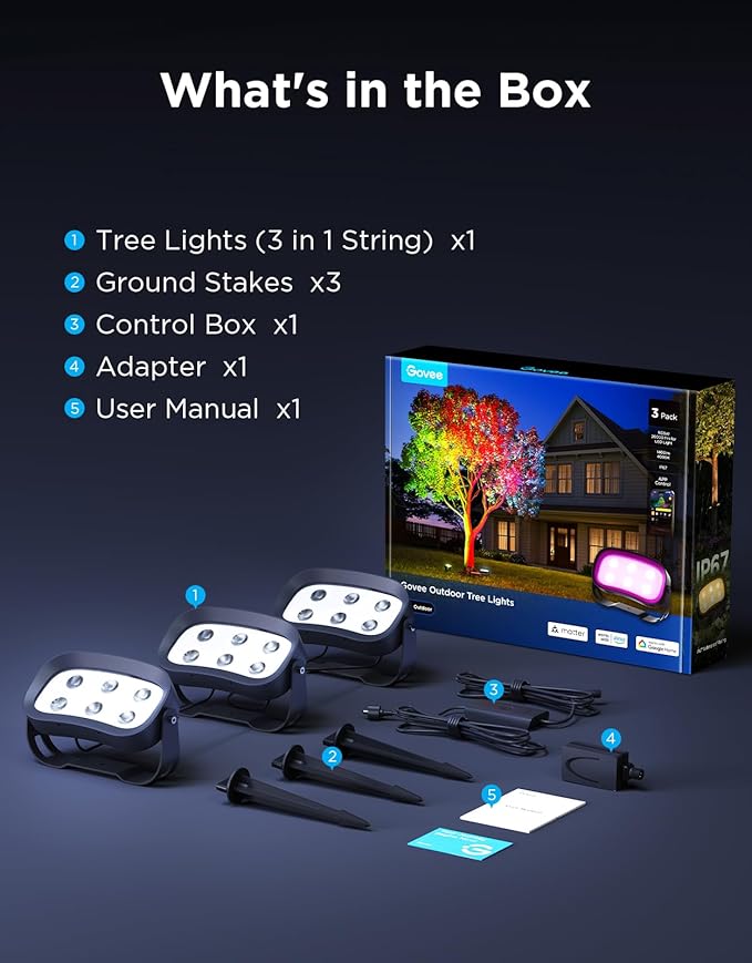 Govee Outdoor Tree Lights 3-Pack RGBWIC LED Landscape Lighting Outdoor Lights for Yard Garden Patio 66 Scene Modes for Holiday Party and Event App Control Google Assistant Matter